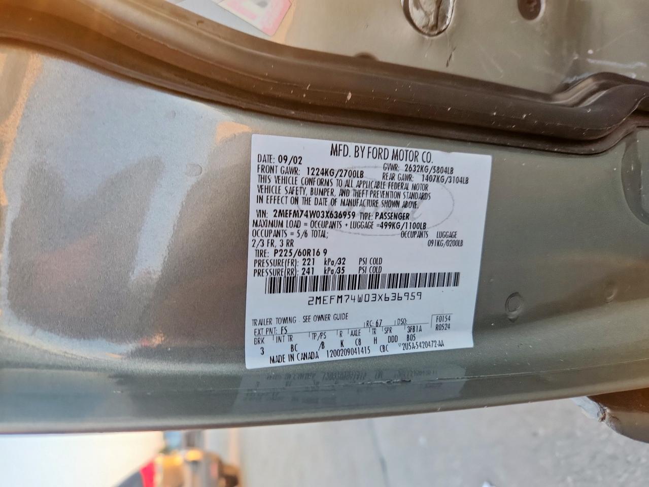 2003 Mercury Grand Marquis Gs VIN: 2MEFM74W03X636959 Lot: 86083275