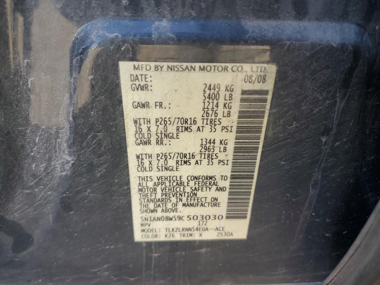 2009 Nissan Xterra Off Road VIN: 5N1AN08W59C503030 Lot: 85786395