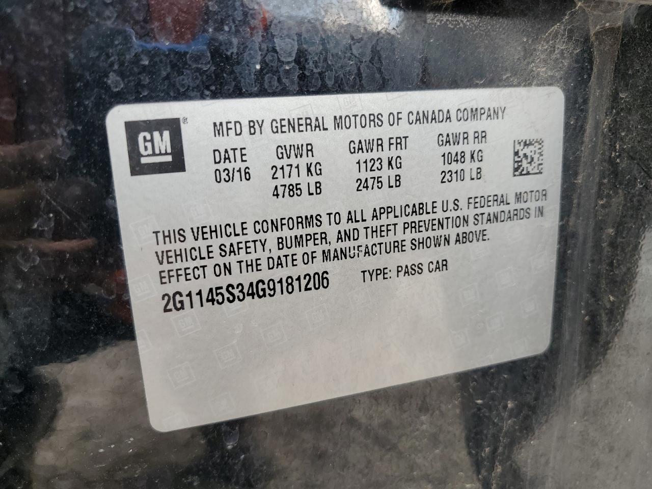 2016 Chevrolet Impala Ltz VIN: 2G1145S34G9181206 Lot: 85506025