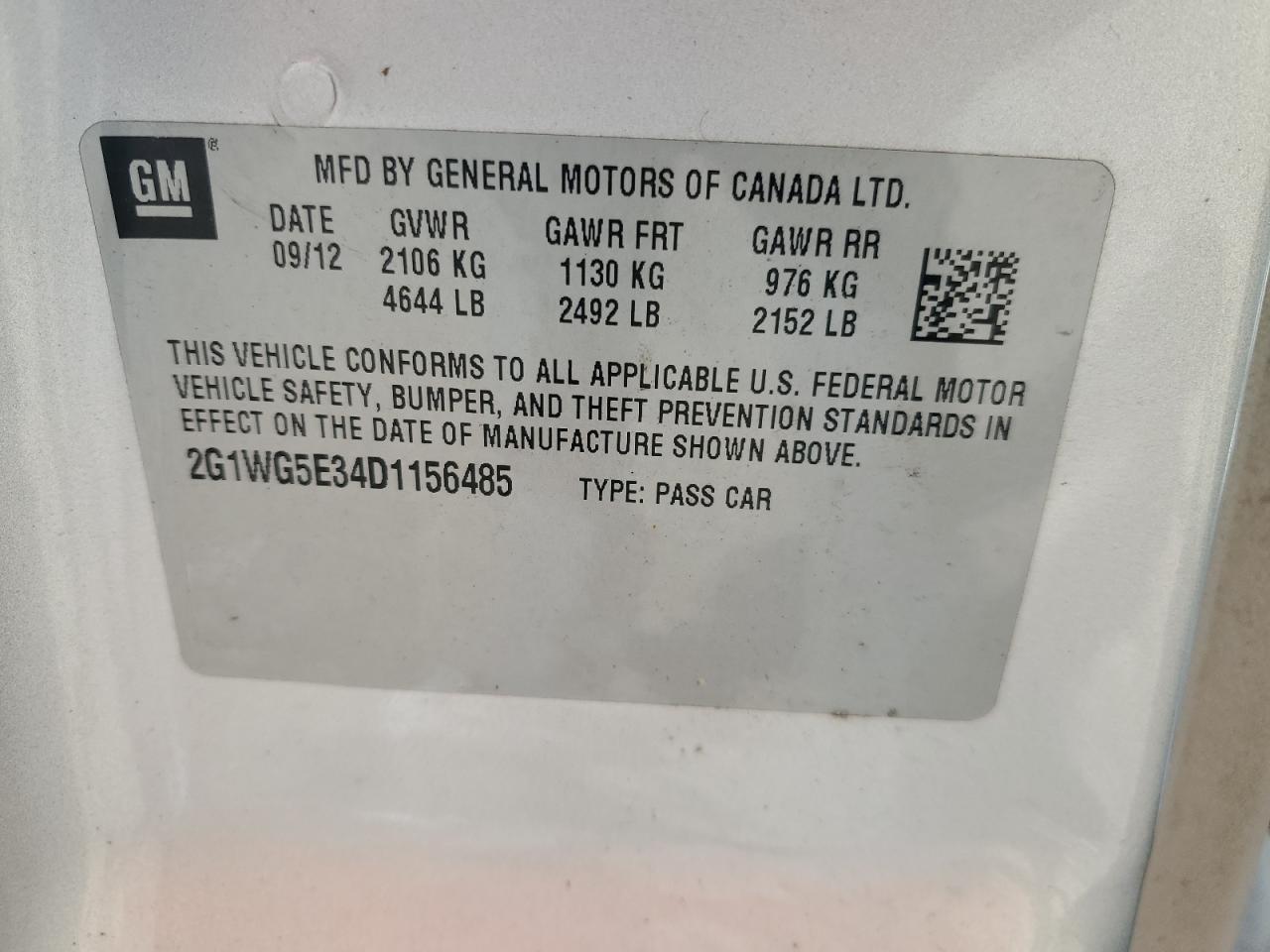 2013 Chevrolet Impala Lt VIN: 2G1WG5E34D1156485 Lot: 82231835