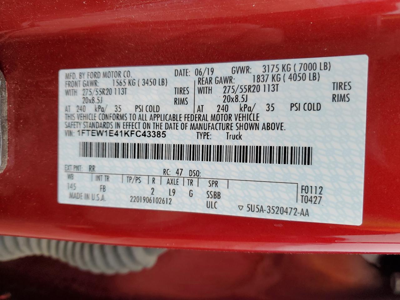 2019 Ford F150 Supercrew VIN: 1FTEW1E41KFC43385 Lot: 84484035