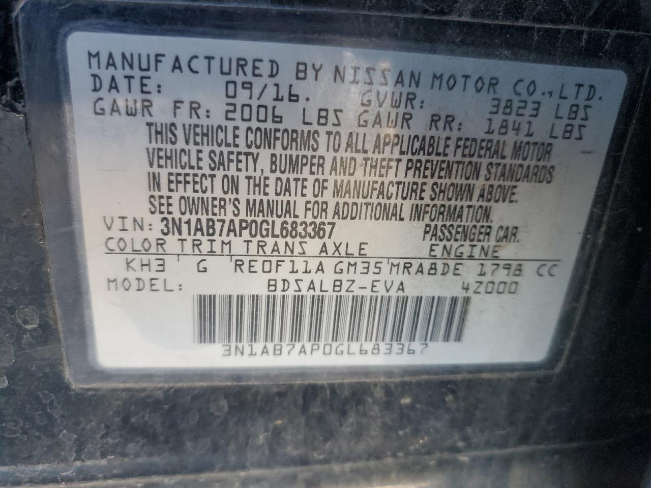 2016 Nissan Sentra S VIN: 3N1AB7AP0GL683367 Lot: 82233395