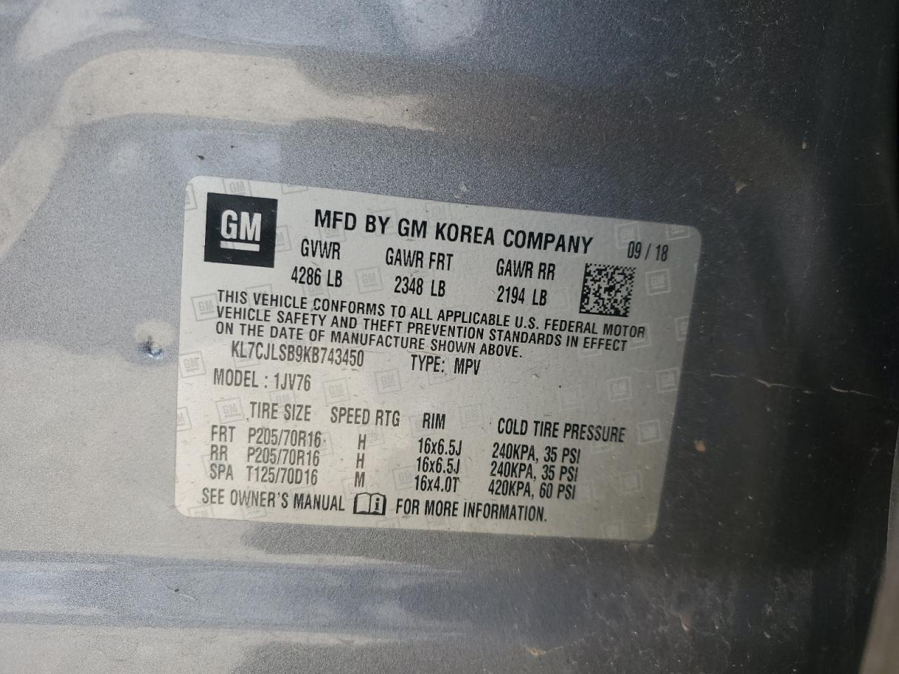 2019 Chevrolet Trax 1Lt VIN: KL7CJLSB9KB743450 Lot: 89899845