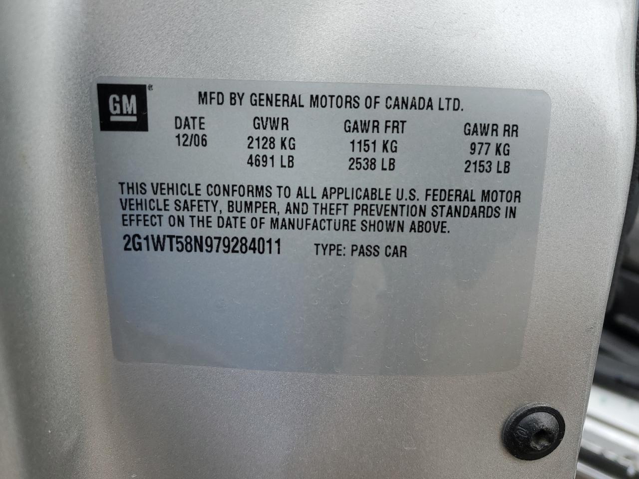 2007 Chevrolet Impala Lt VIN: 2G1WT58N979284011 Lot: 85546395