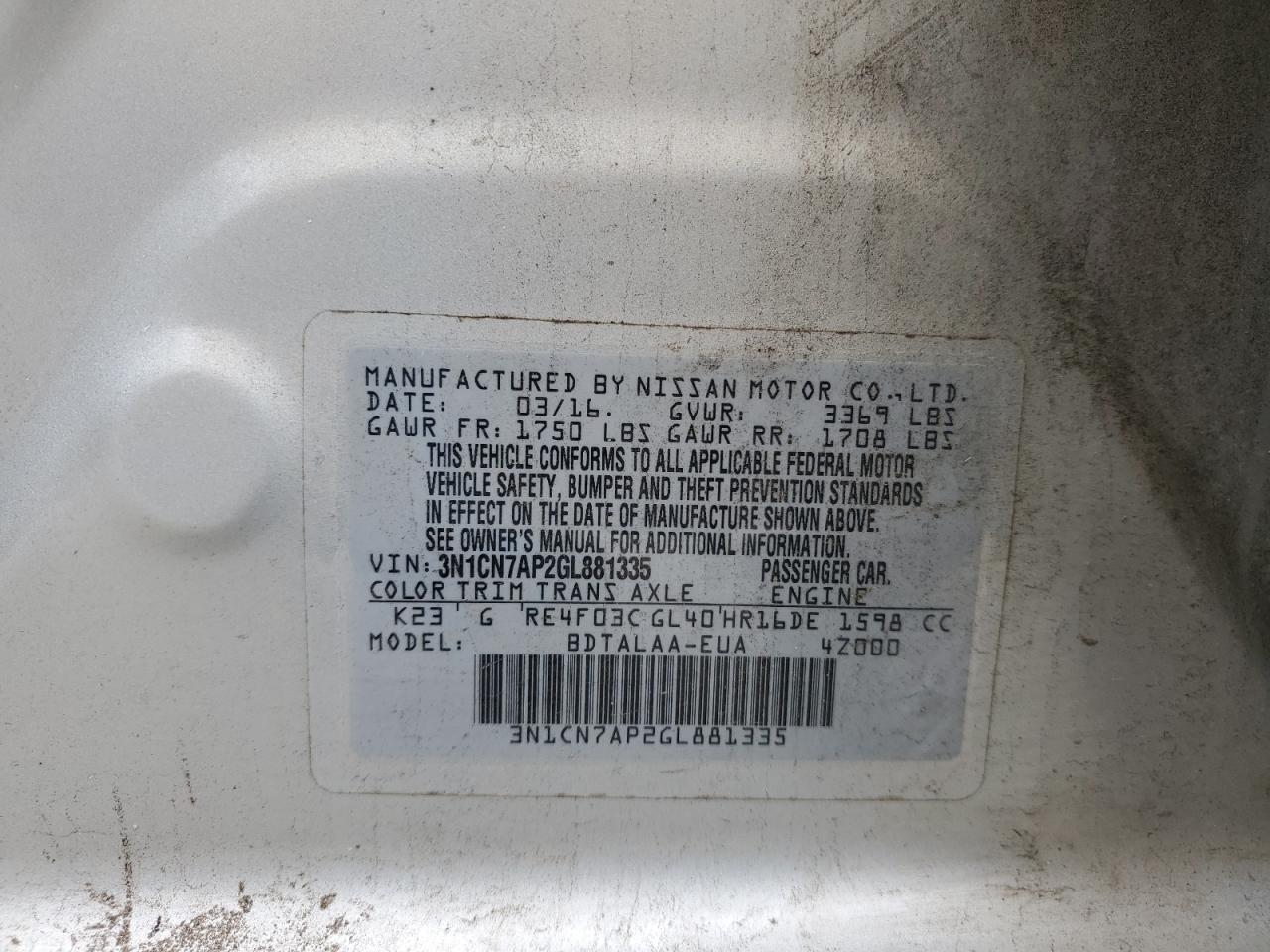 2016 Nissan Versa S VIN: 3N1CN7AP2GL881335 Lot: 90306045