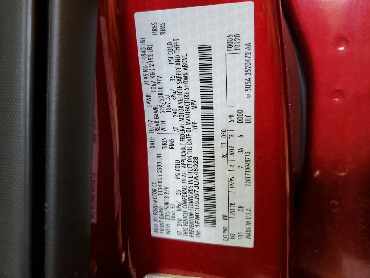 2018 Ford Escape Titanium VIN: 1FMCU9J97JUA46028 Lot: 86855505