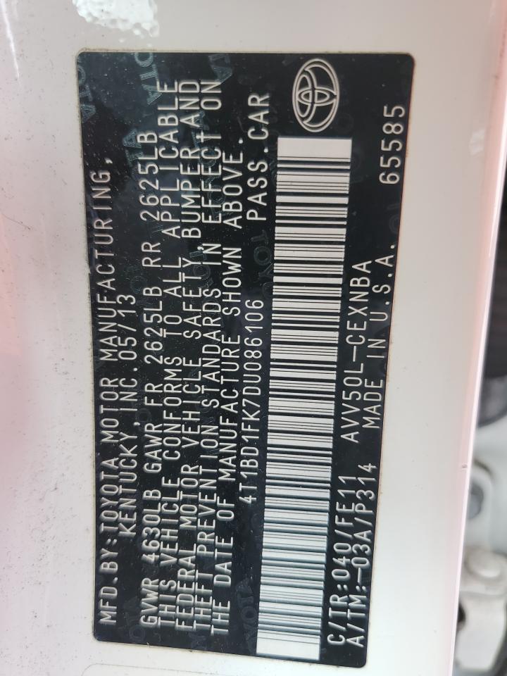 2013 Toyota Camry Hybrid VIN: 4T1BD1FK7DU086106 Lot: 85264155