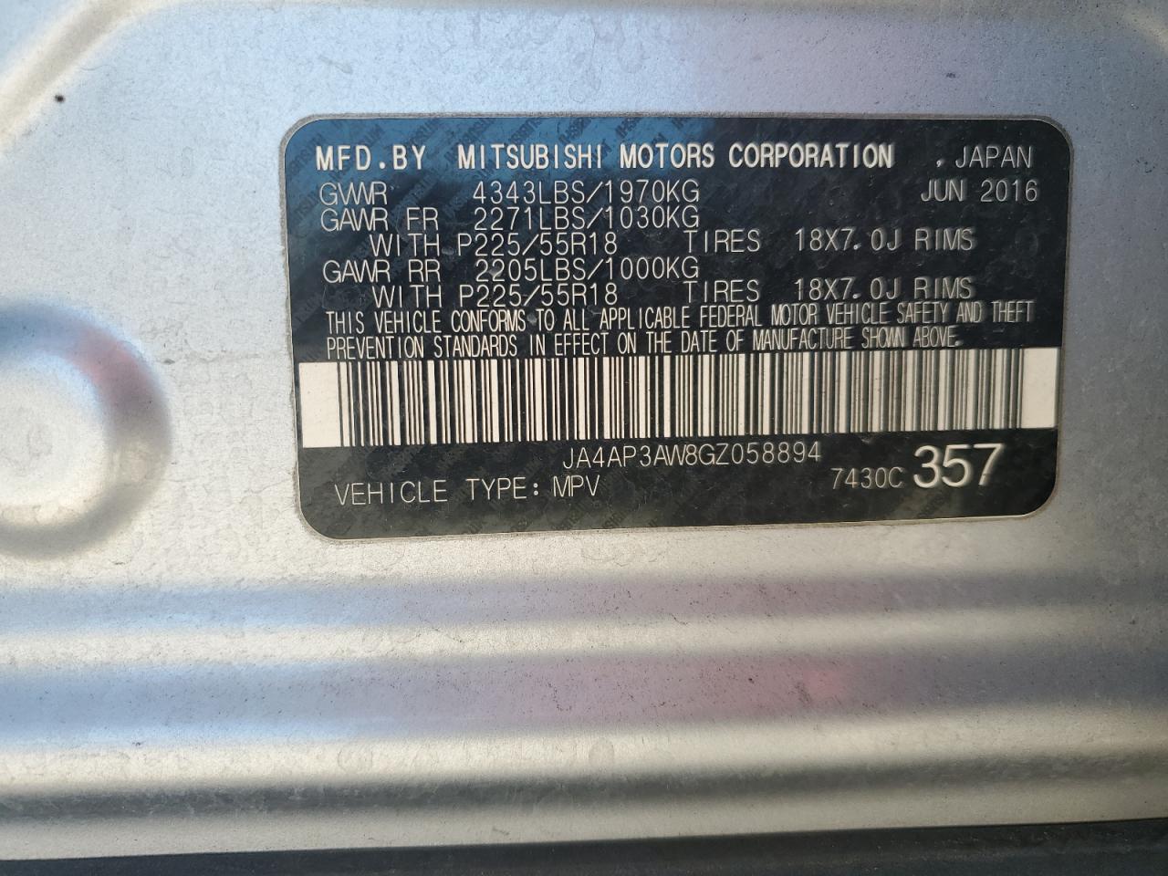 2016 Mitsubishi Outlander Sport Es VIN: JA4AP3AW8GZ058894 Lot: 86707075