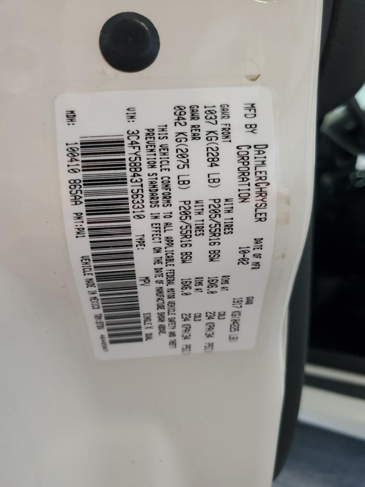 2003 Chrysler Pt Cruiser Touring VIN: 3C4FY58B43T563310 Lot: 90130905