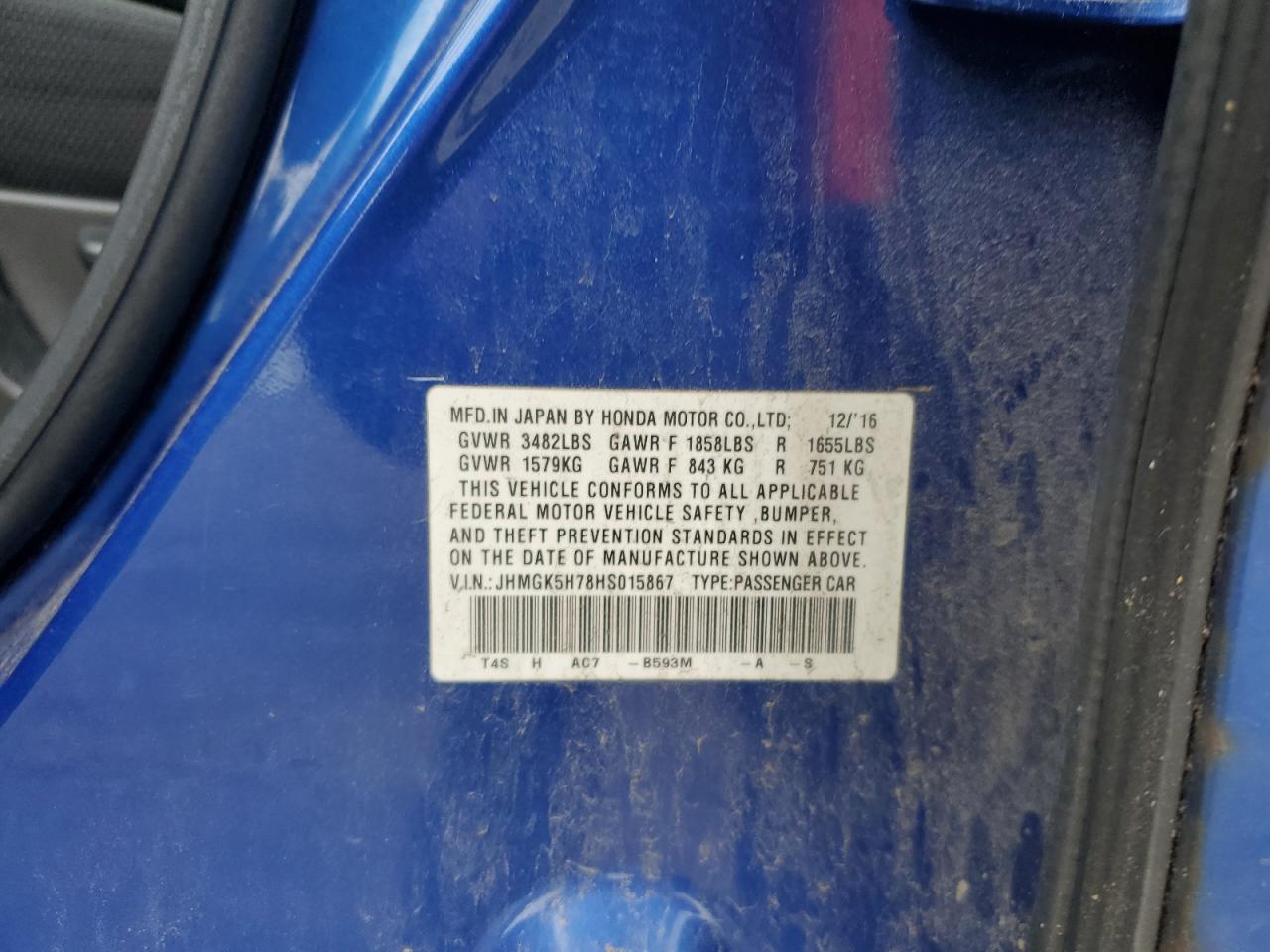 2017 Honda Fit Ex VIN: JHMGK5H78HS015867 Lot: 85920685