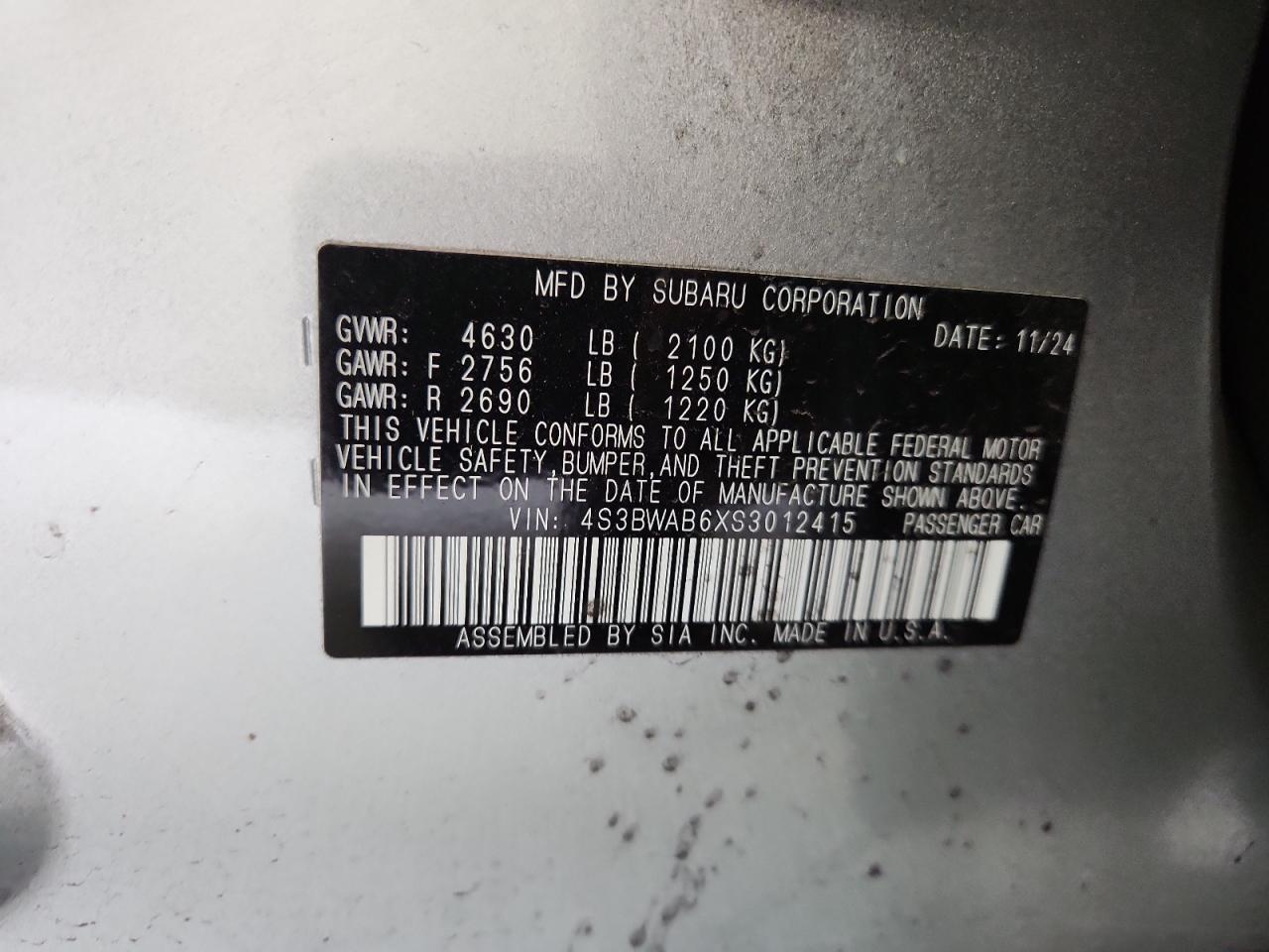 2025 Subaru Legacy VIN: 4S3BWAB6XS3012415 Lot: 93790485