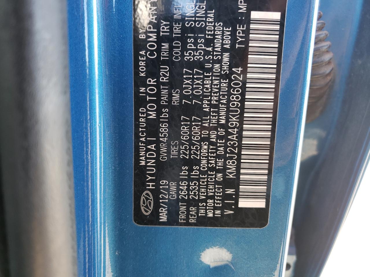 2019 Hyundai Tucson Se VIN: KM8J23A49KU986024 Lot: 85715505