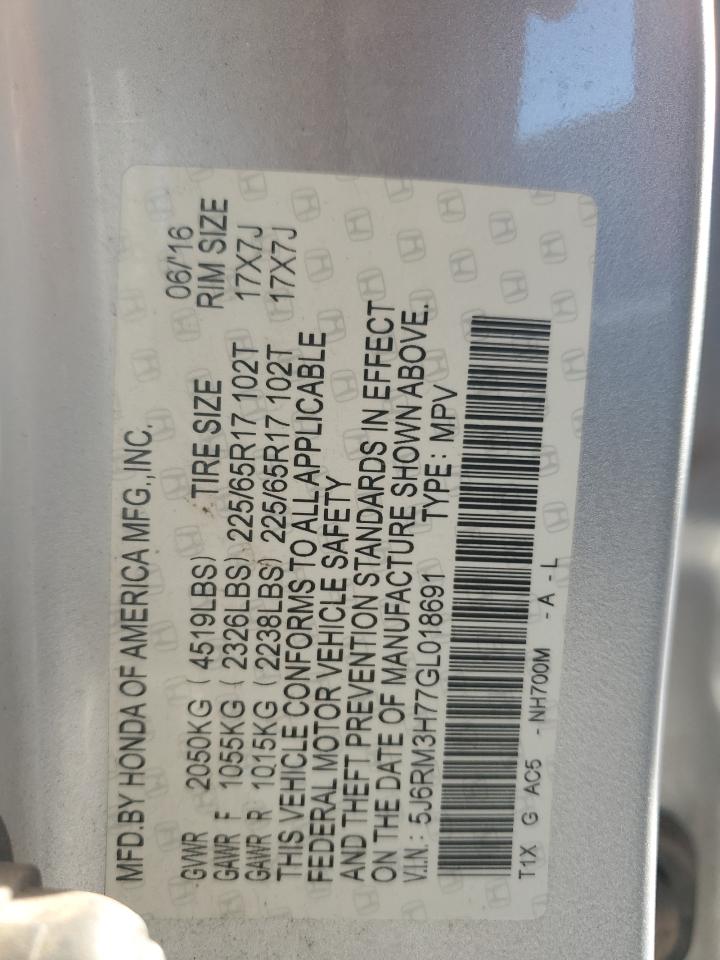 2016 Honda Cr-V Exl VIN: 5J6RM3H77GL018691 Lot: 87110385