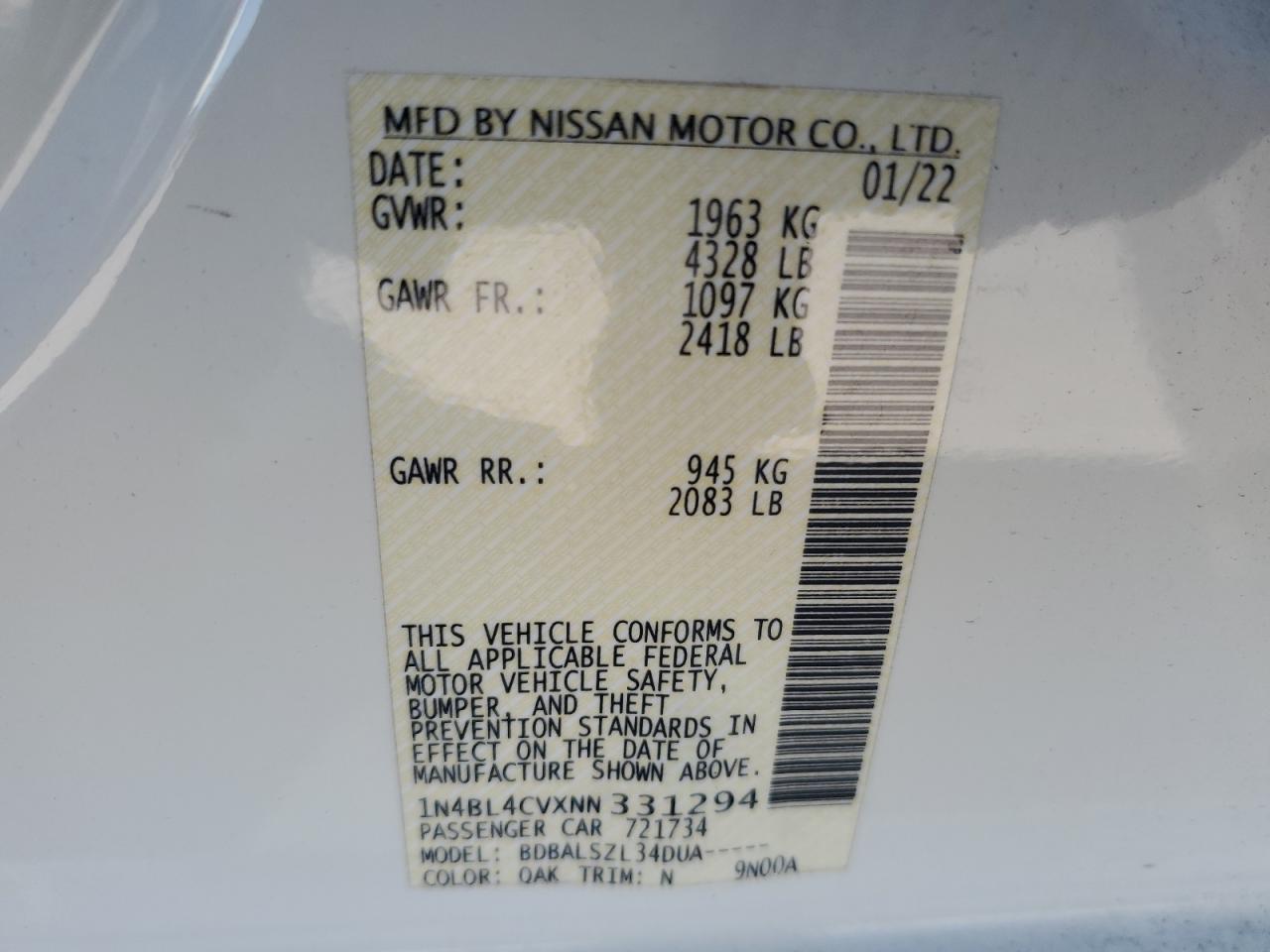 2022 Nissan Altima Sr VIN: 1N4BL4CVXNN331294 Lot: 82692285