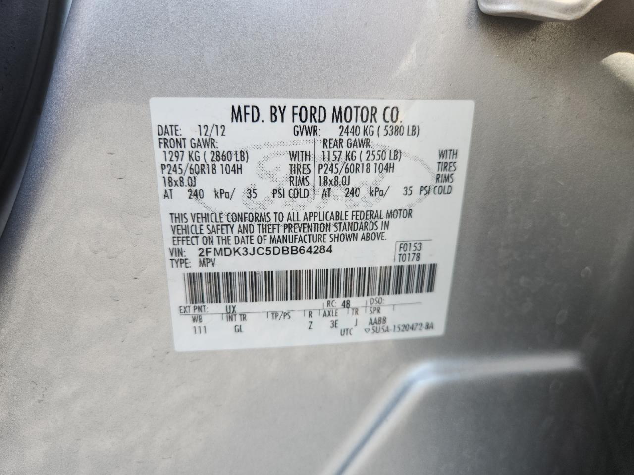 2013 Ford Edge Sel VIN: 2FMDK3JC5DBB64284 Lot: 82603355