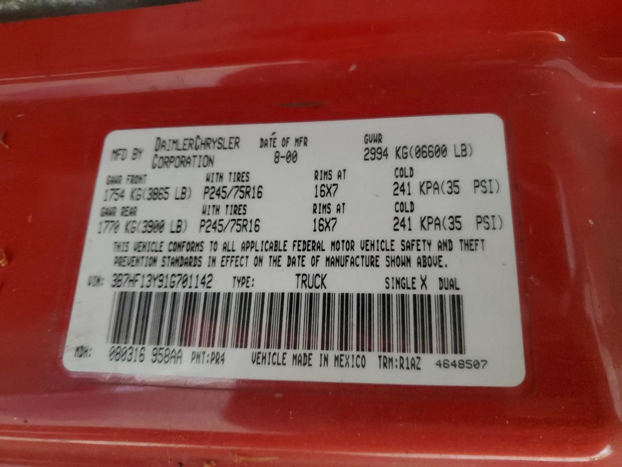 2001 Dodge Ram 1500 VIN: 3B7HF13Y91G701142 Lot: 89859815