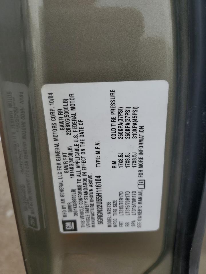 2005 Hummer H2 Sut VIN: 5GRGN22U55H116104 Lot: 90315545