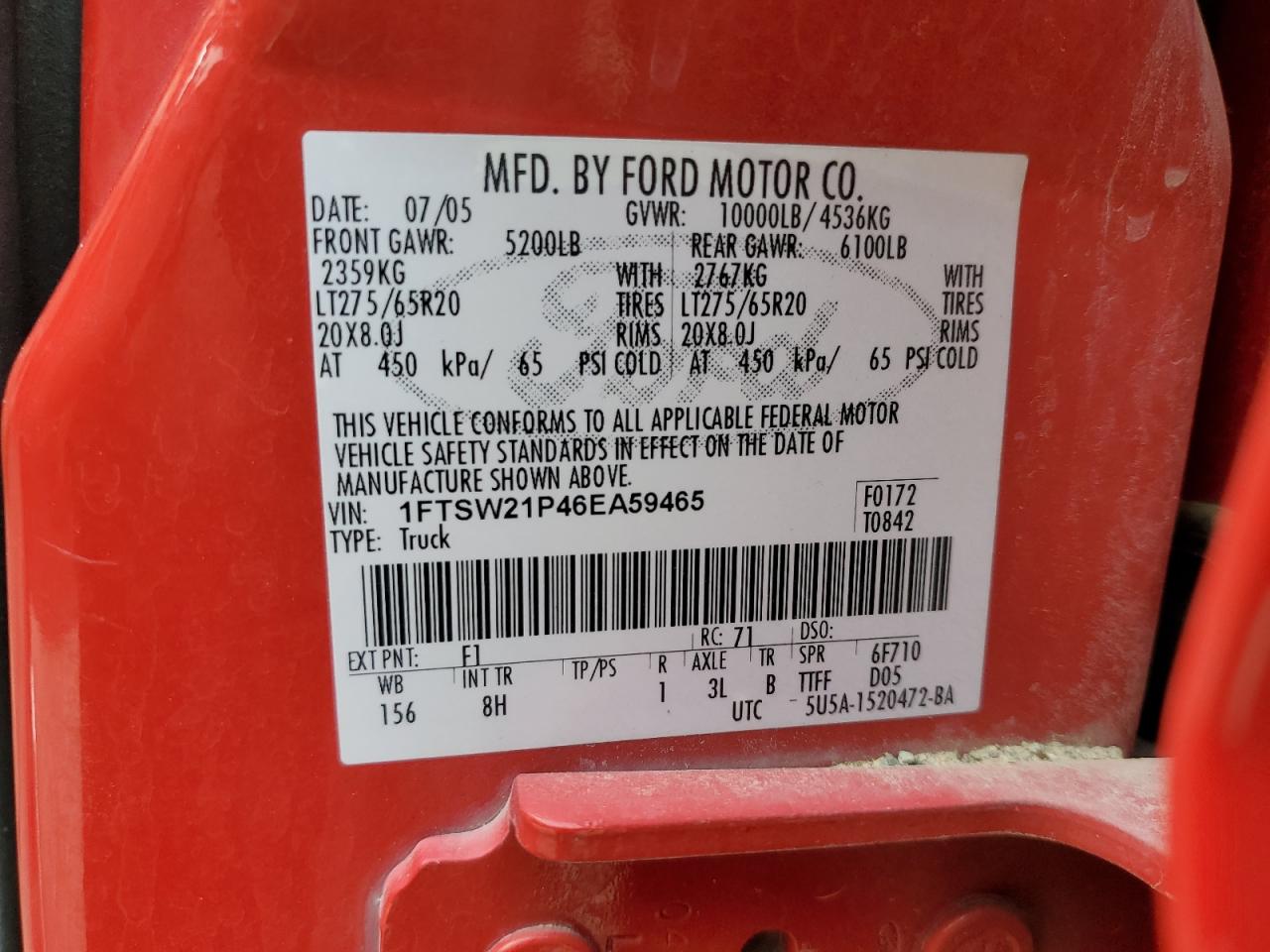 2006 Ford F250 Super Duty VIN: 1FTSW21P46EA59465 Lot: 86293885