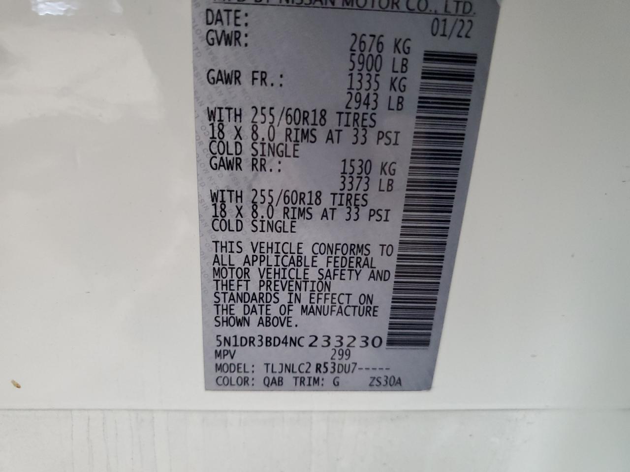 2022 Nissan Pathfinder Sv VIN: 5N1DR3BD4NC233230 Lot: 86658165