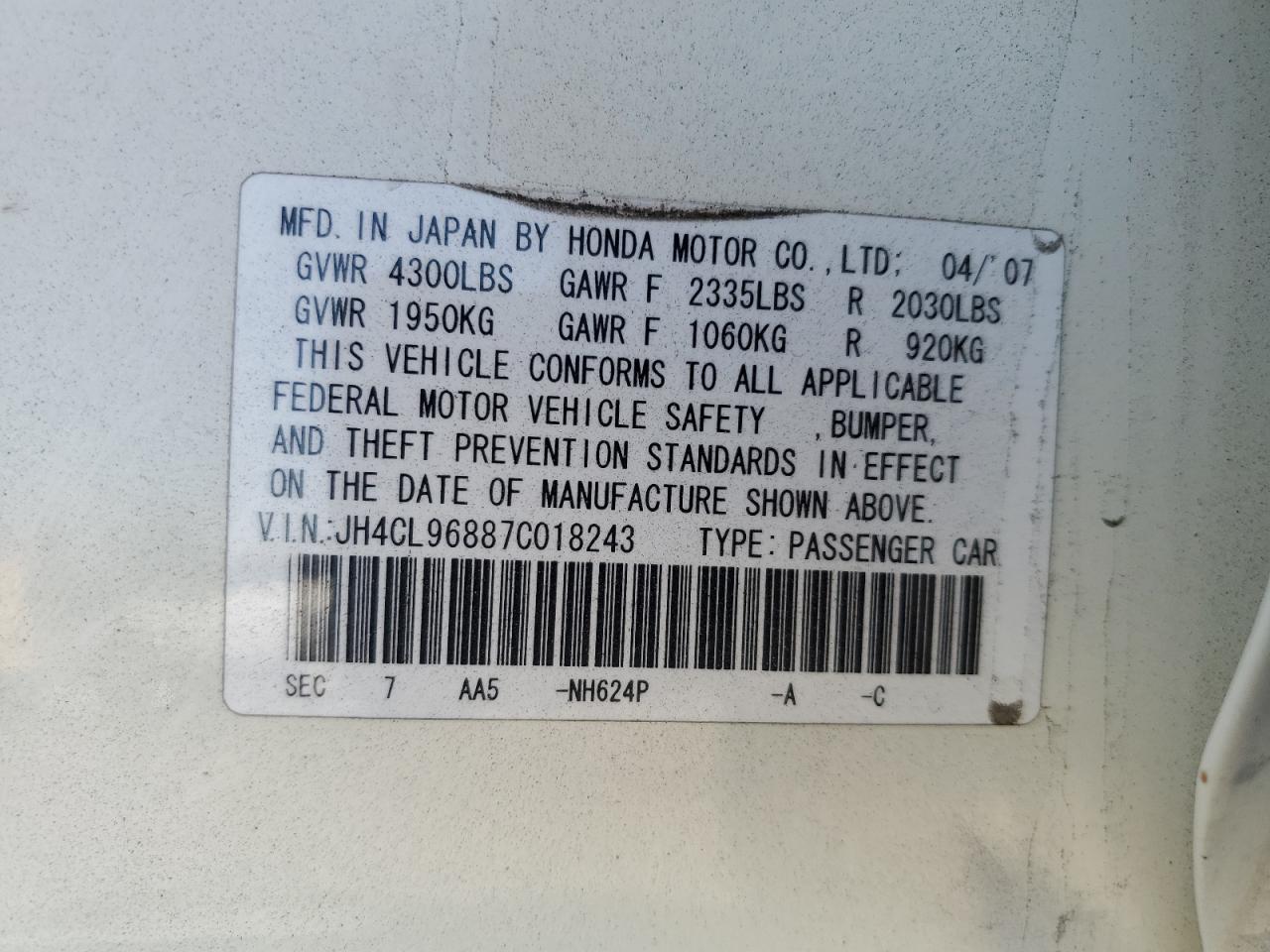 2007 Acura Tsx VIN: JH4CL96887C018243 Lot: 85204045