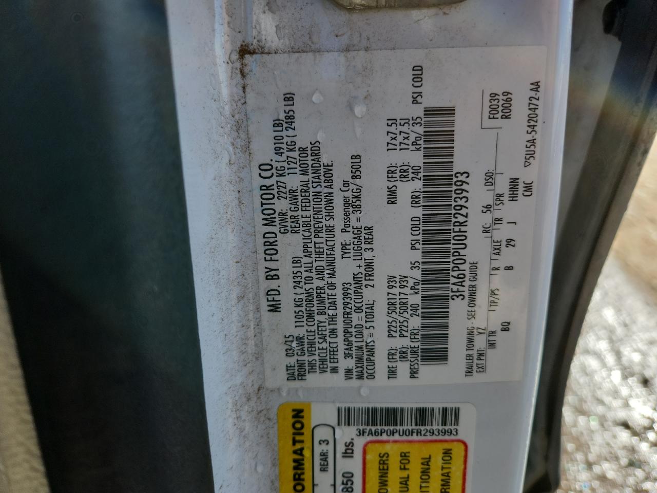 2015 Ford Fusion Se Phev VIN: 3FA6P0PU0FR293993 Lot: 85597755