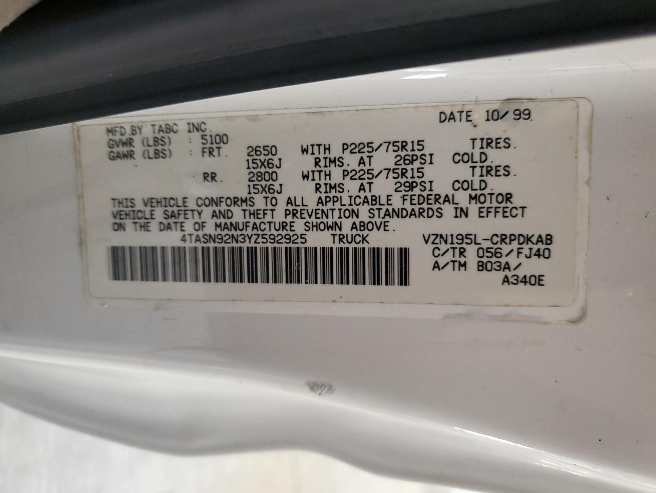 2000 Toyota Tacoma Xtracab Prerunner VIN: 4TASN92N3YZ592925 Lot: 85013065