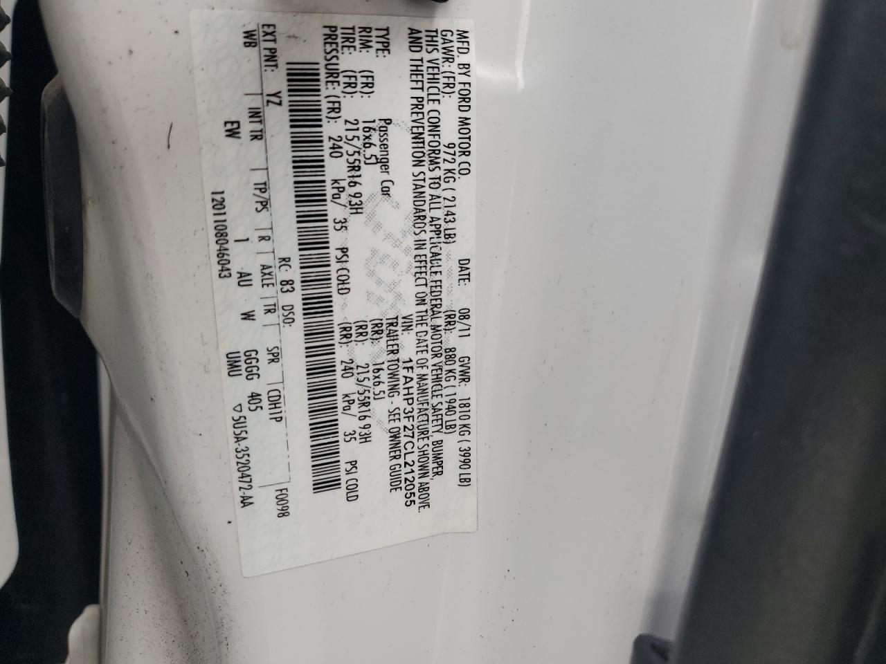 2012 Ford Focus Se VIN: 1FAHP3F27CL212055 Lot: 84980335