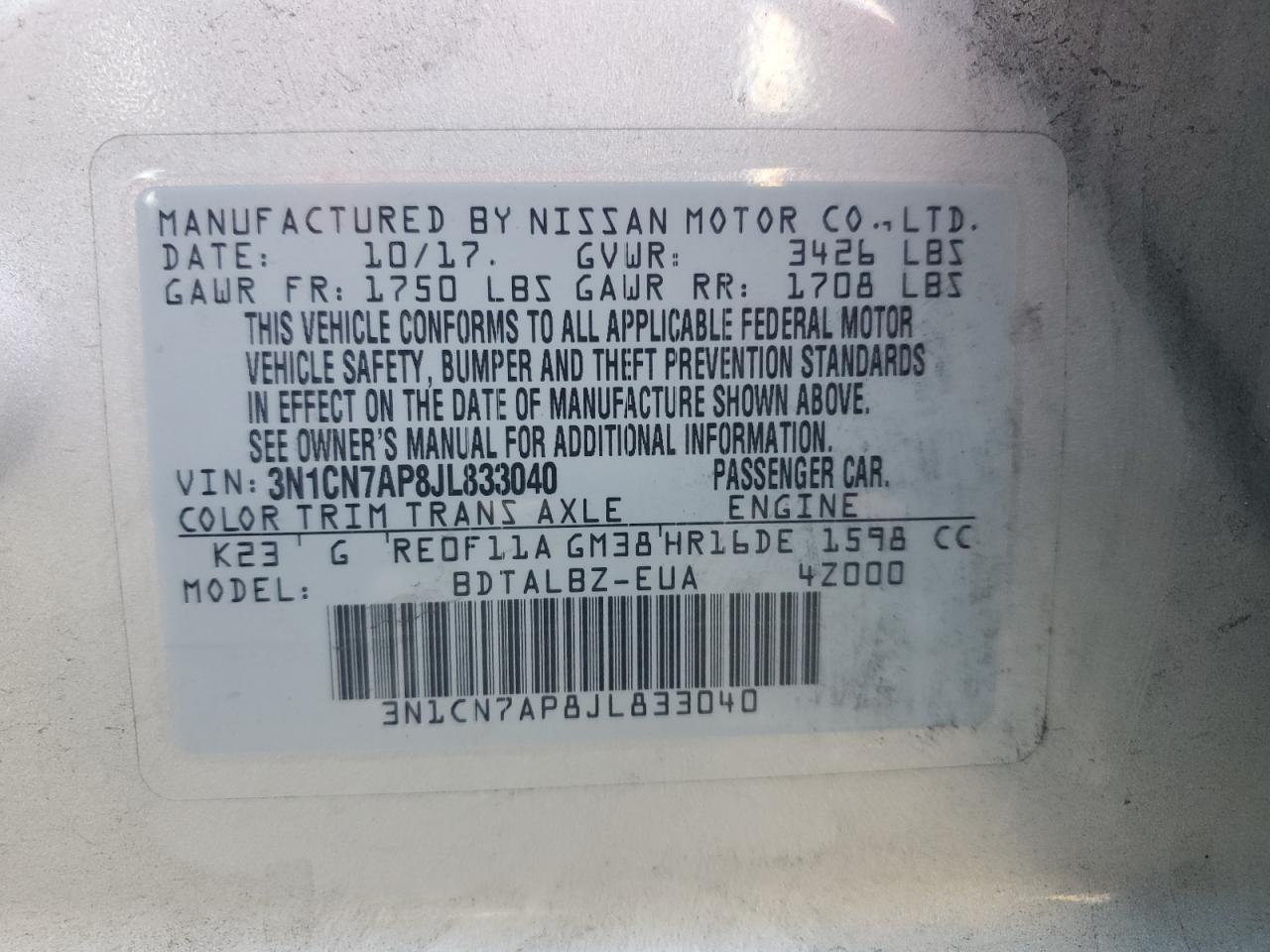 2018 Nissan Versa S VIN: 3N1CN7AP8JL833040 Lot: 82324635