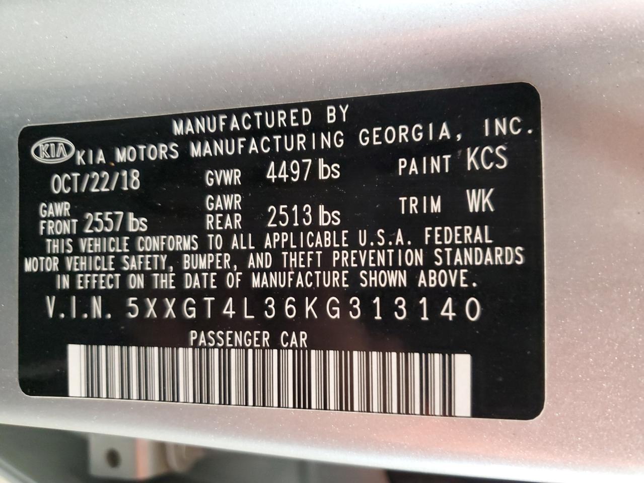 2019 Kia Optima Lx VIN: 5XXGT4L36KG313140 Lot: 85585525
