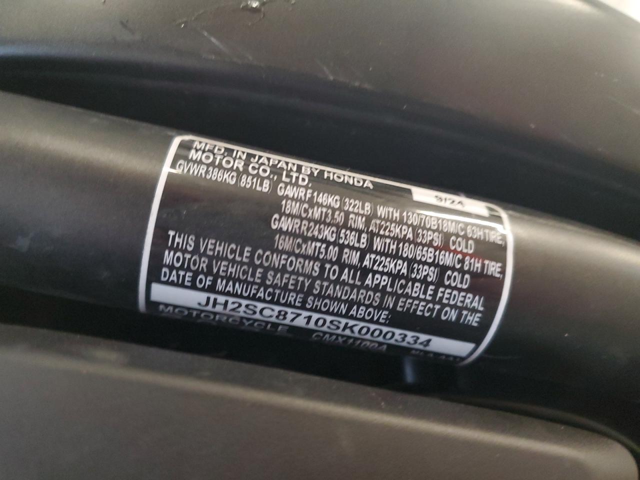 2025 Honda Cmx1100 A VIN: JH2SC8710SK000334 Lot: 86708345