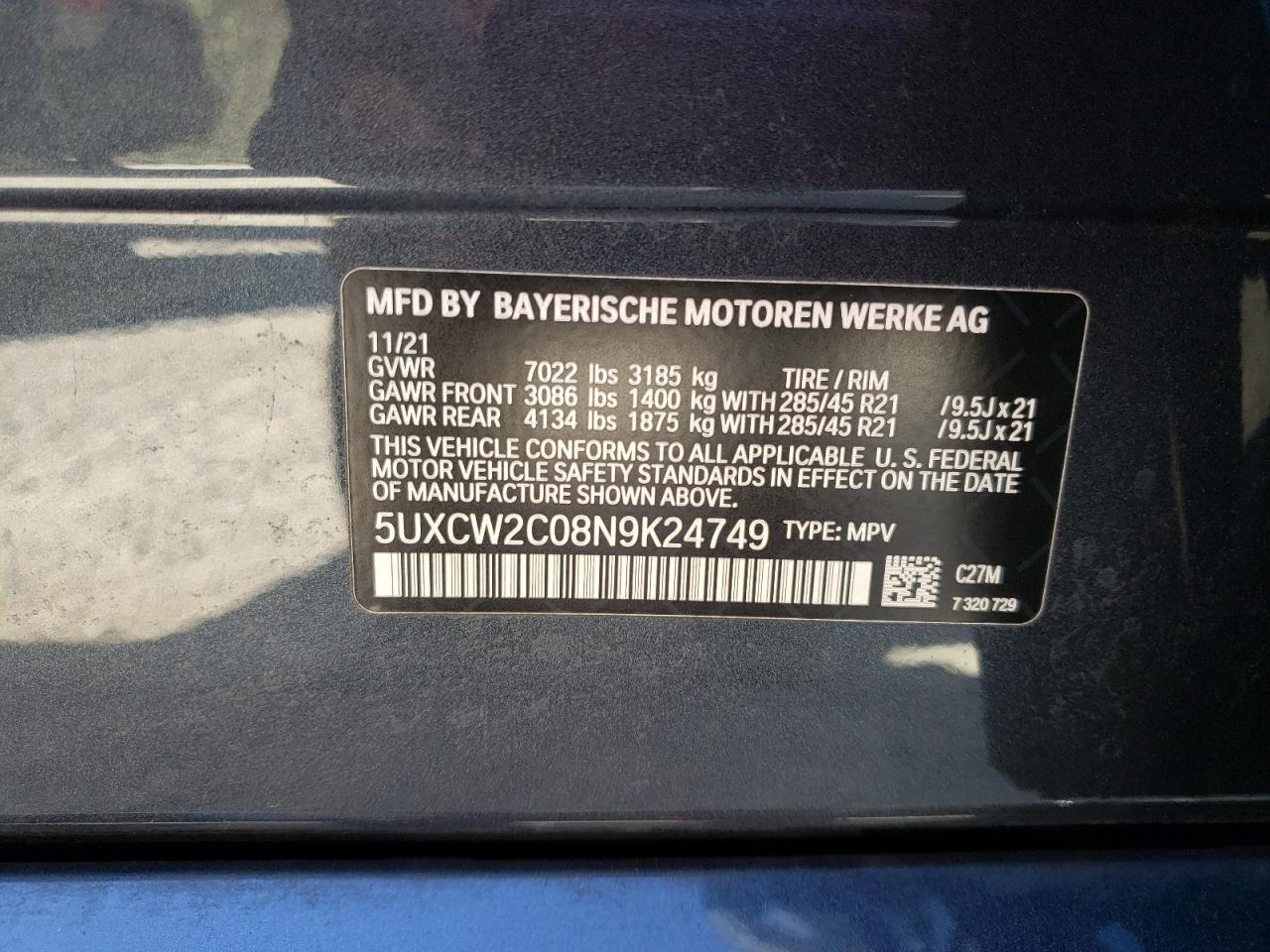 2022 BMW X7 xDrive40I VIN: 5UXCW2C08N9K24749 Lot: 86695095