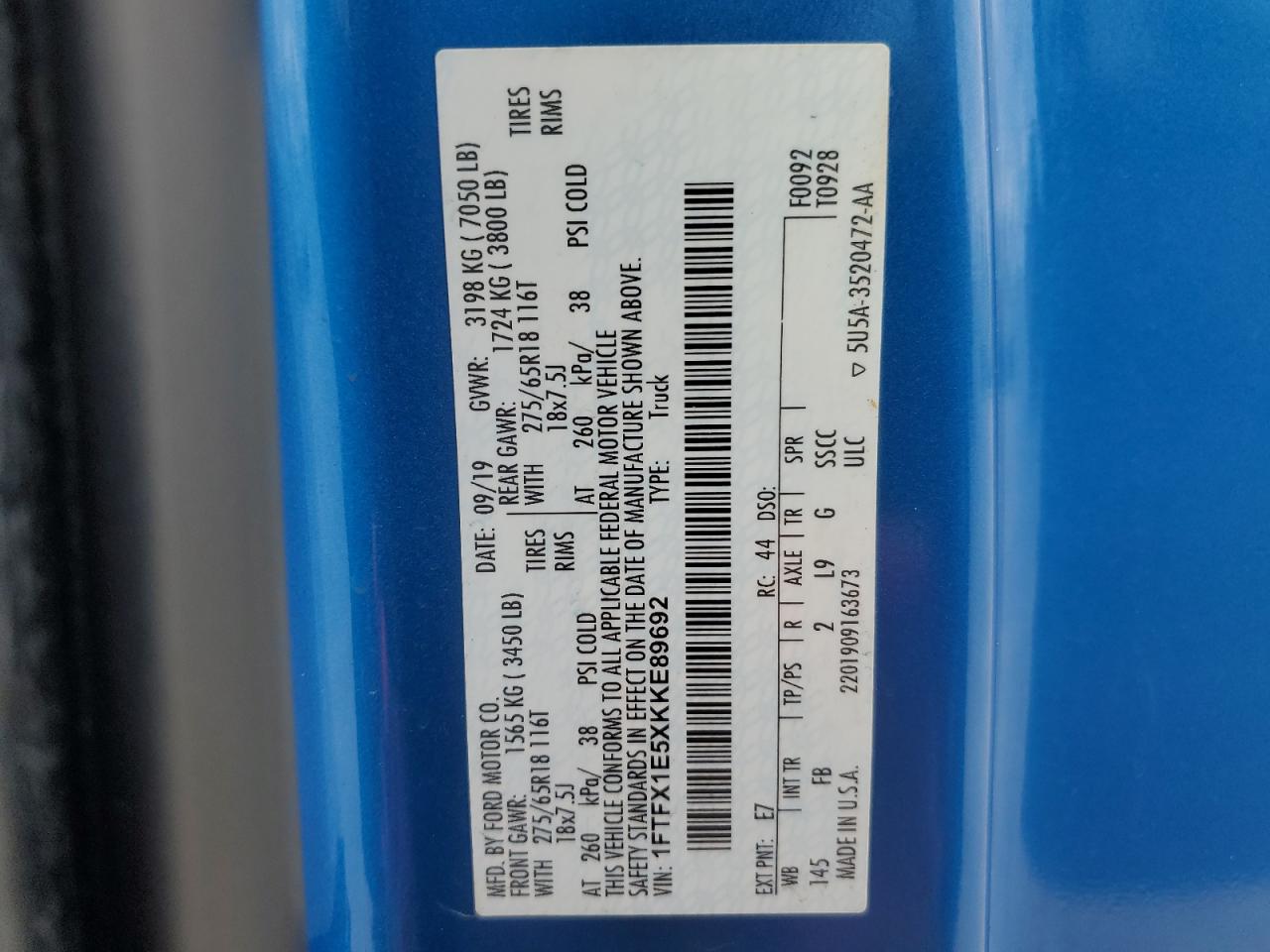 2019 Ford F150 Super Cab VIN: 1FTFX1E5XKKE89692 Lot: 85272735