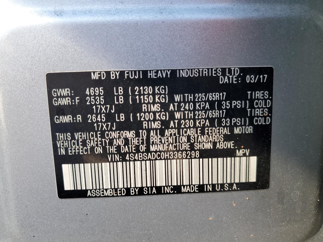 2017 Subaru Outback 2.5I Premium VIN: 4S4BSADC0H3366298 Lot: 89865455