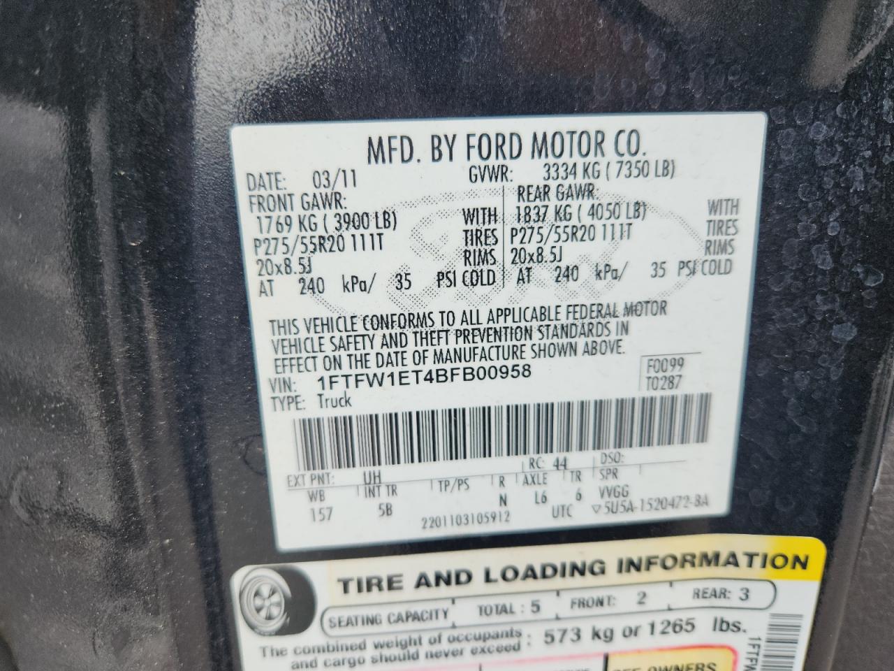 2011 Ford F150 Supercrew VIN: 1FTFW1ET4BFB00958 Lot: 86996485