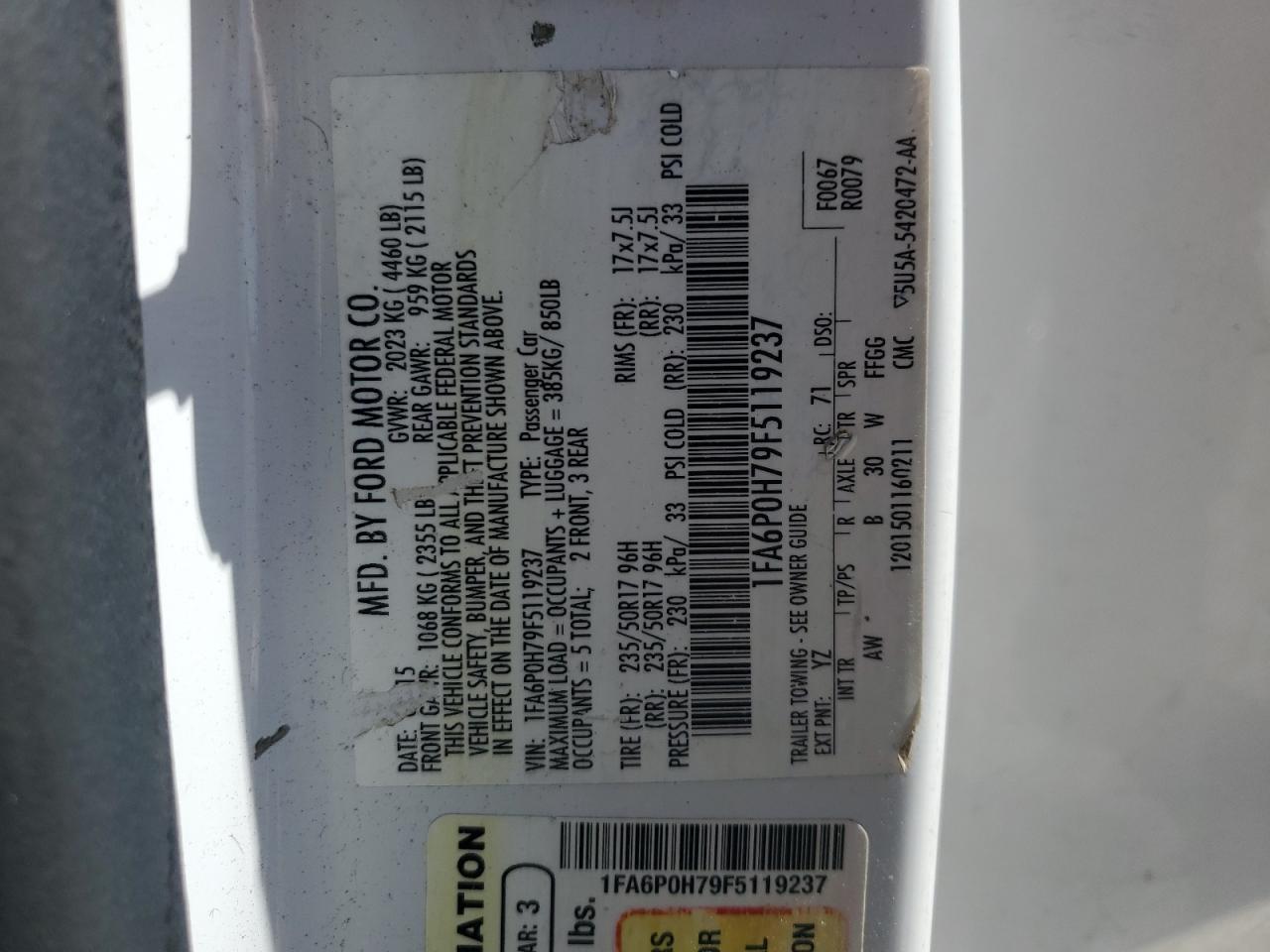 2015 Ford Fusion Se VIN: 1FA6P0H79F5119237 Lot: 86538355