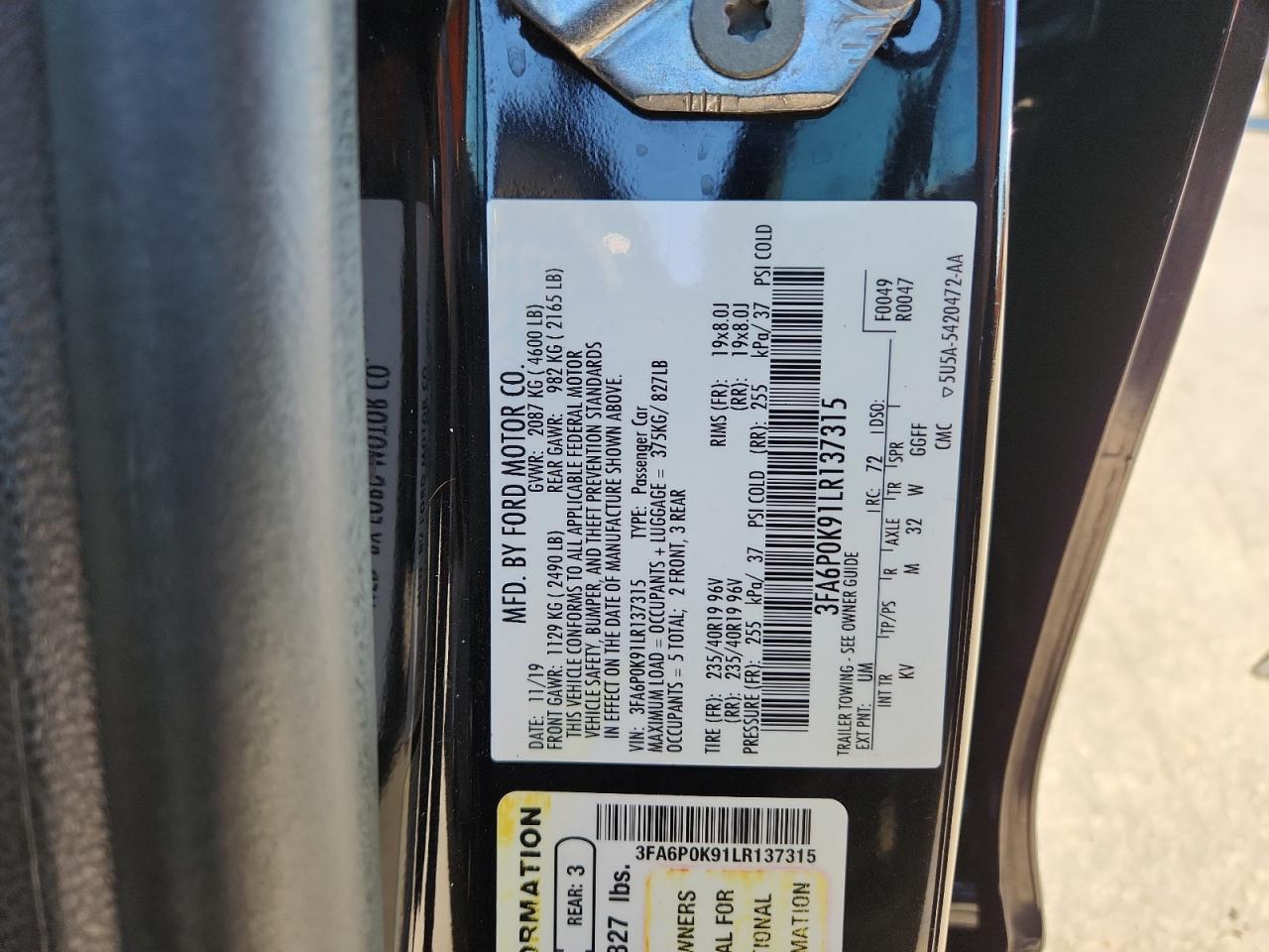 2020 Ford Fusion Titanium VIN: 3FA6P0K91LR137315 Lot: 82384825