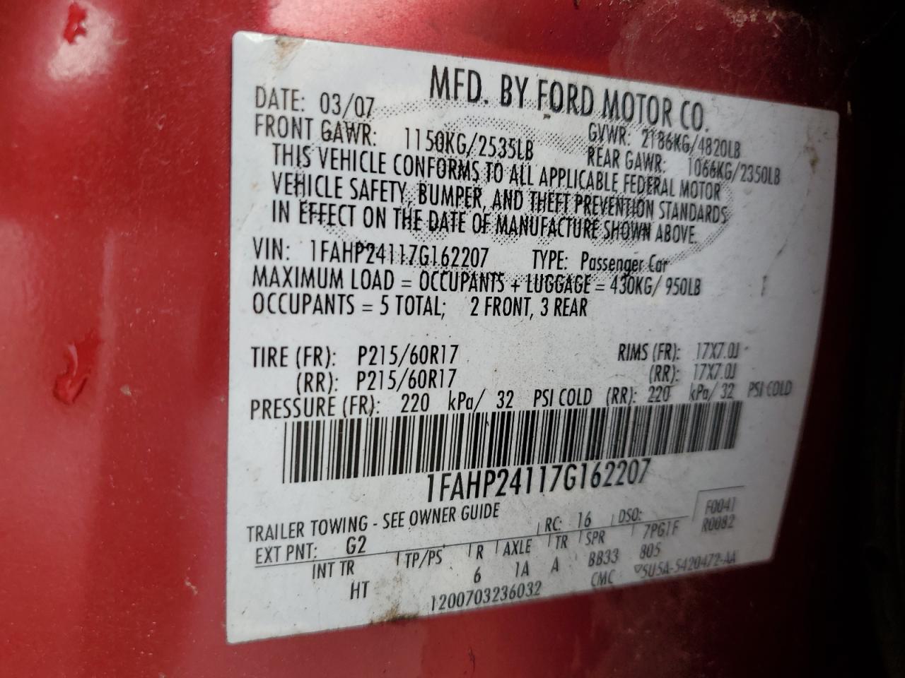 2007 Ford Five Hundred Sel VIN: 1FAHP24117G162207 Lot: 84909745