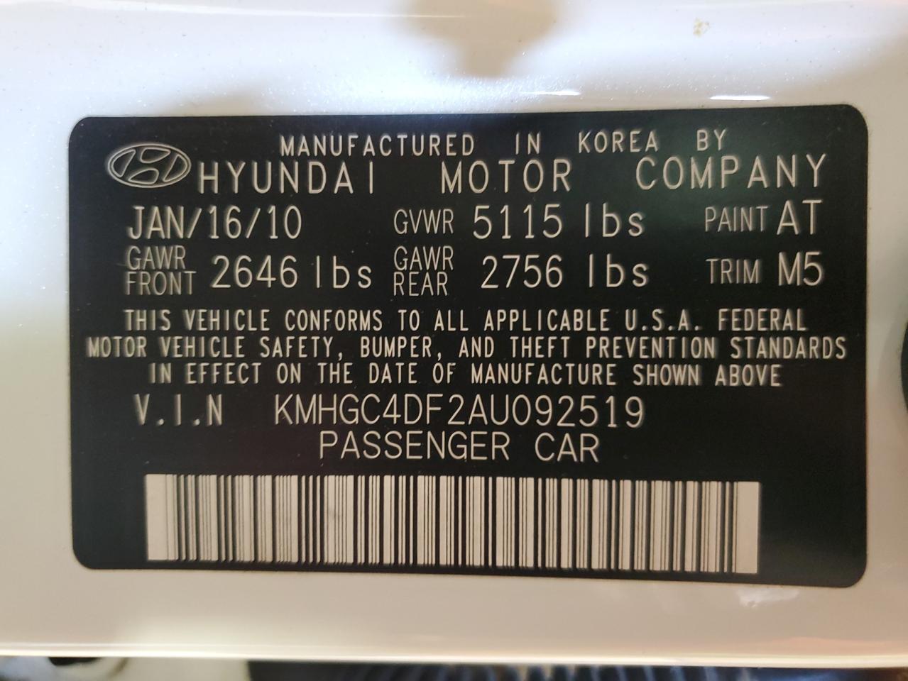 2010 Hyundai Genesis VIN: KMHGC4DF2AU092519 Lot: 82191915