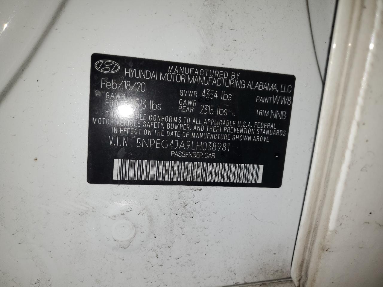 2020 Hyundai Sonata Se VIN: 5NPEG4JA9LH038981 Lot: 85351895