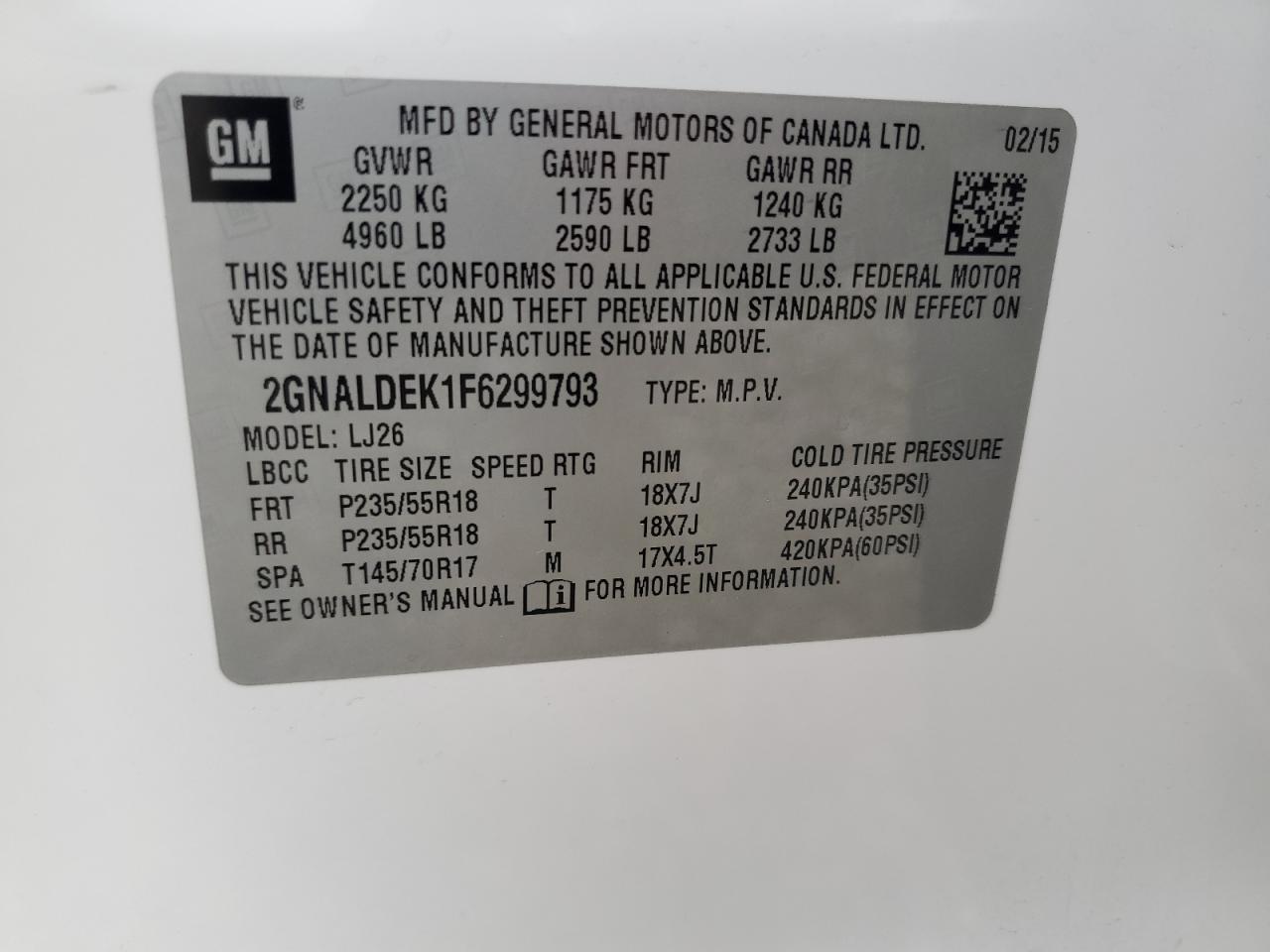 2015 Chevrolet Equinox Ltz VIN: 2GNALDEK1F6299793 Lot: 85538435