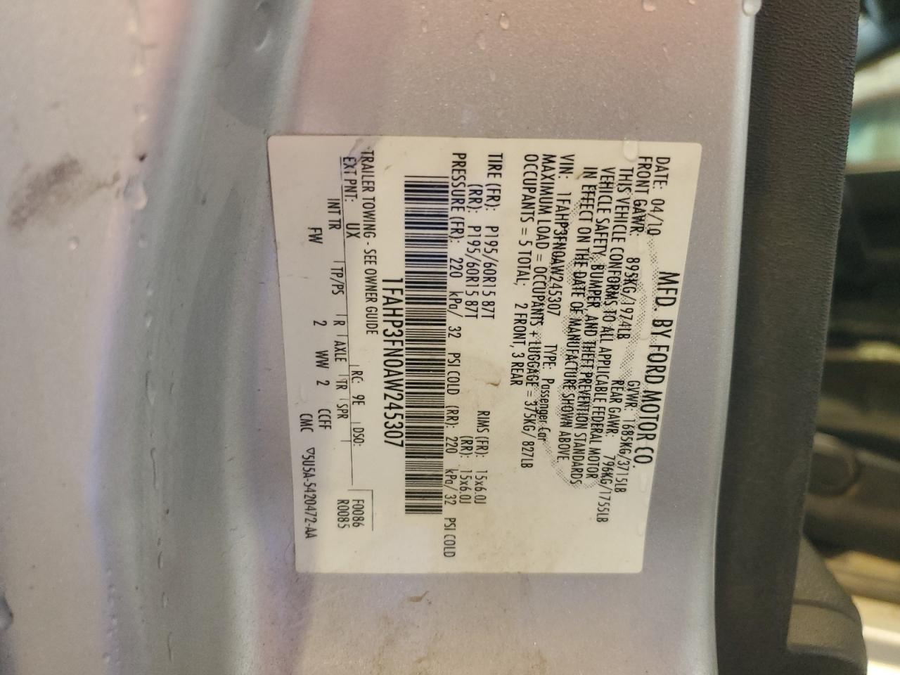 2010 Ford Focus Se VIN: 1FAHP3FN0AW245307 Lot: 85353635