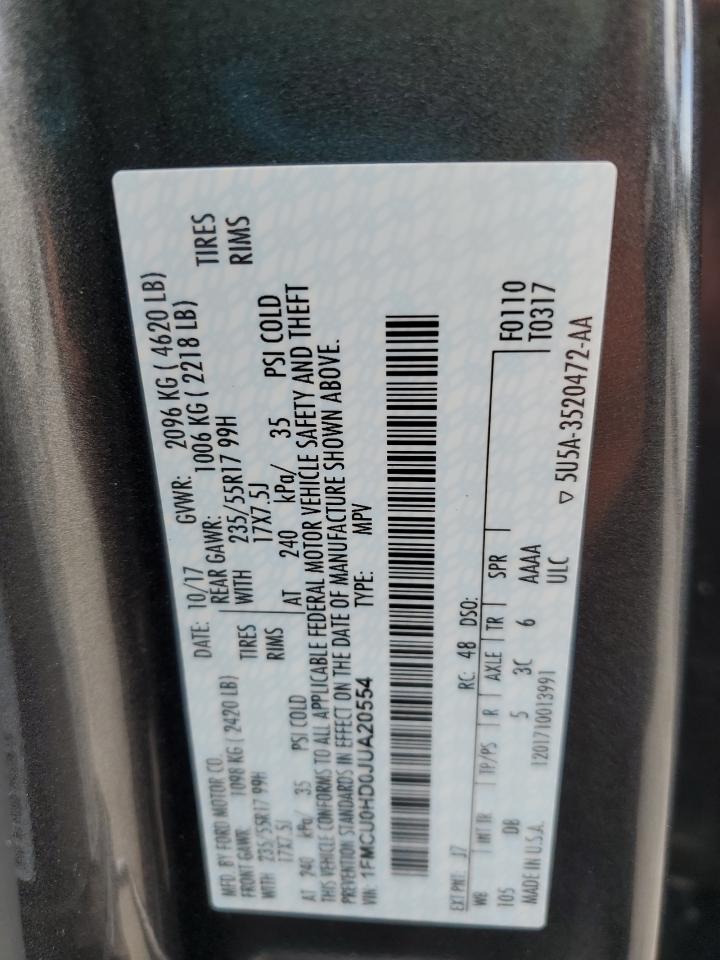 2018 Ford Escape Sel VIN: 1FMCU0HD0JUA20554 Lot: 81932565