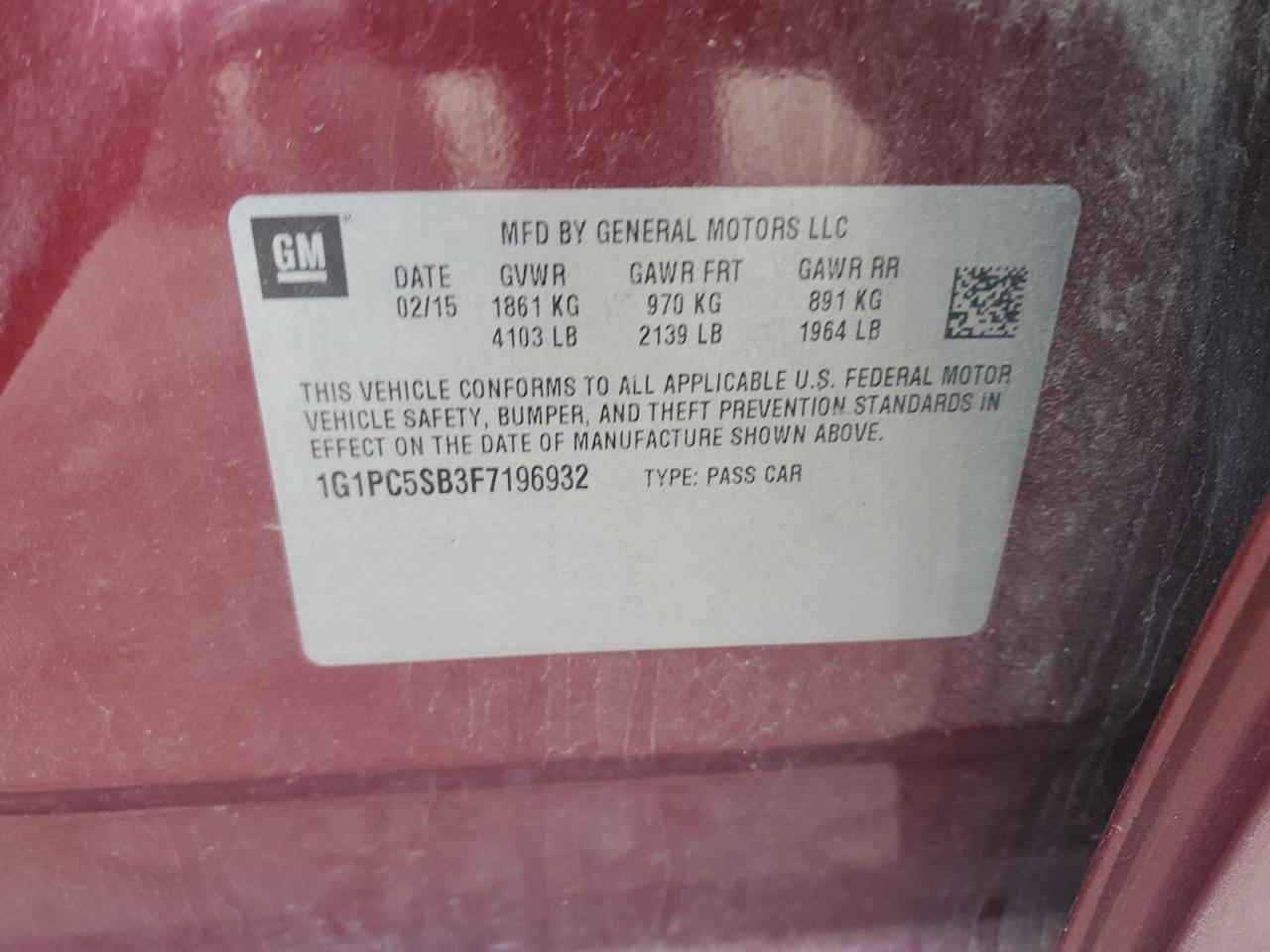 2015 Chevrolet Cruze Lt VIN: 1G1PC5SB3F7196932 Lot: 86216565