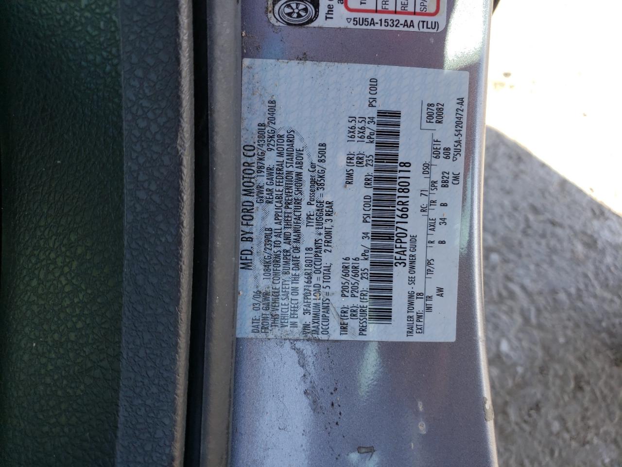 2006 Ford Fusion Se VIN: 3FAFP07166R180118 Lot: 86264995