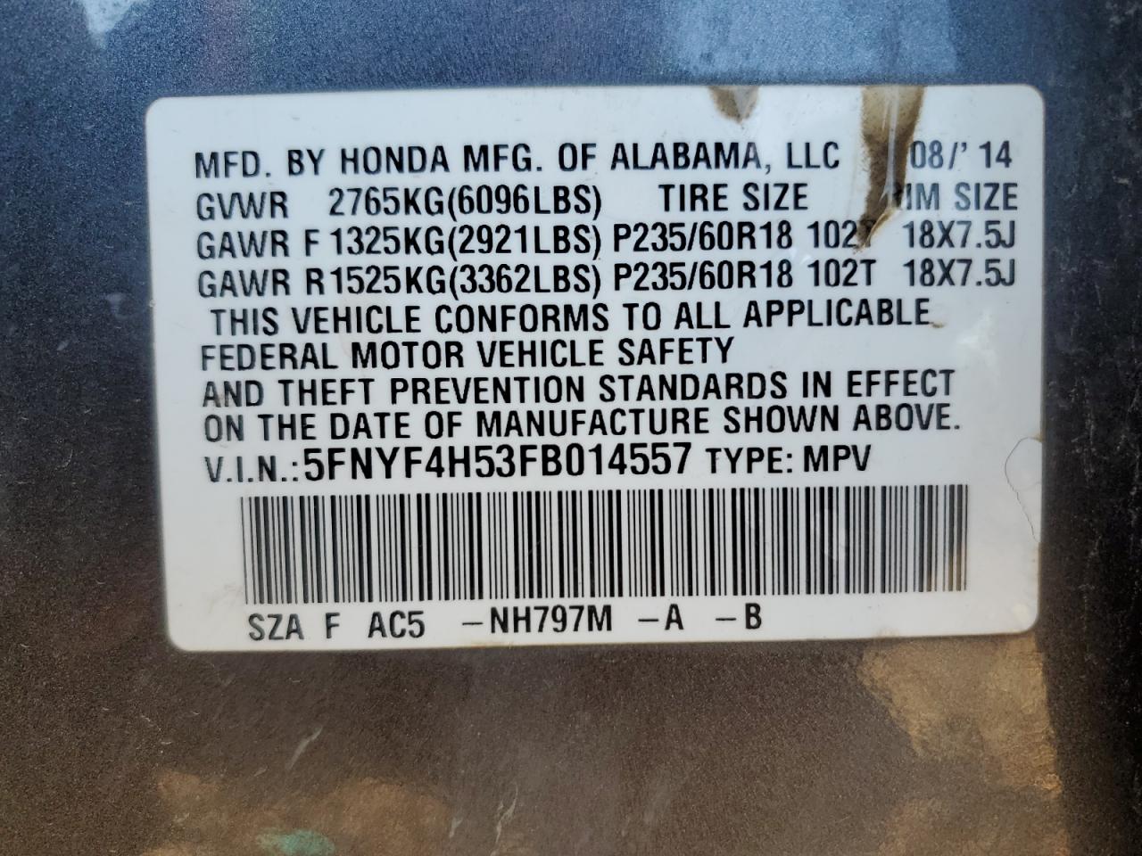 2015 Honda Pilot Exl VIN: 5FNYF4H53FB014557 Lot: 70876475