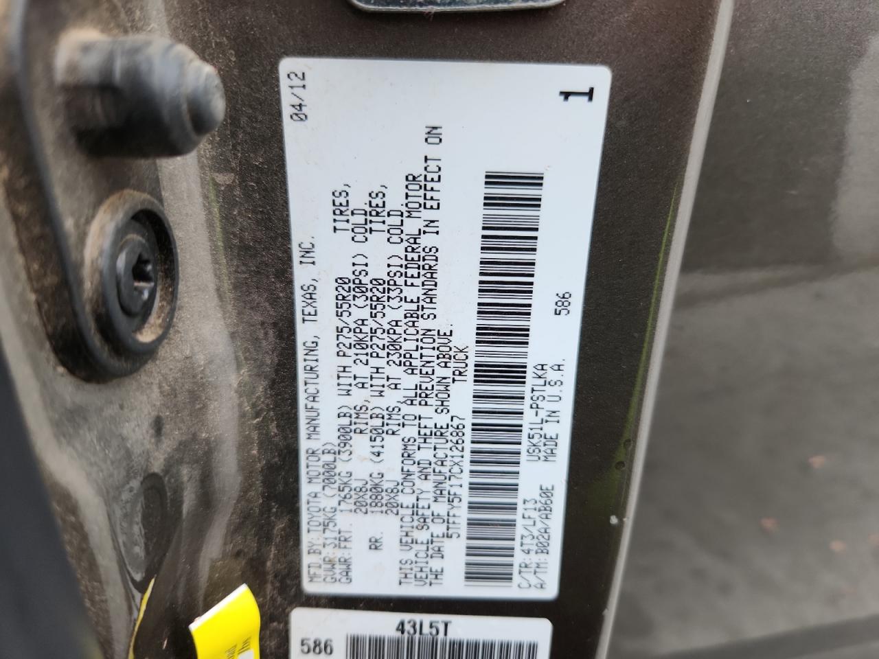 2012 Toyota Tundra Crewmax Limited VIN: 5TFFY5F17CX126867 Lot: 84811695