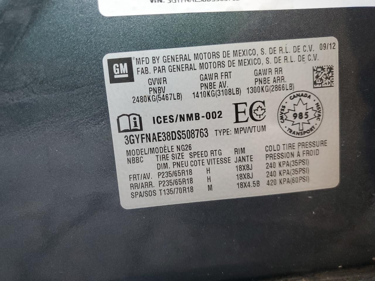 2013 Cadillac Srx VIN: 3GYFNAE38DS508763 Lot: 90251035