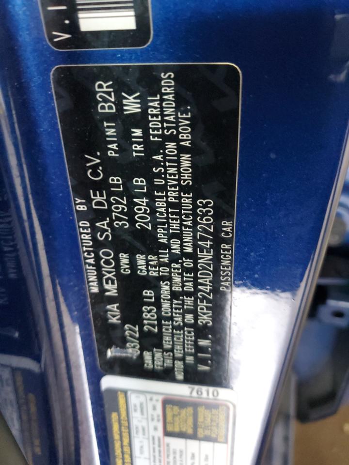 2022 Kia Forte Fe VIN: 3KPF24AD2NE472633 Lot: 90376775