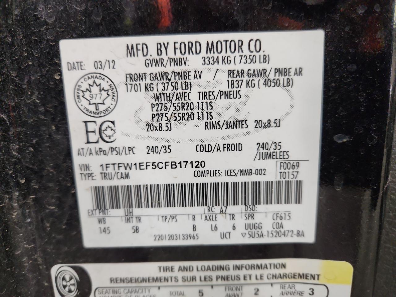 2012 Ford F150 Supercrew VIN: 1FTFW1EF5CFB17120 Lot: 91042765