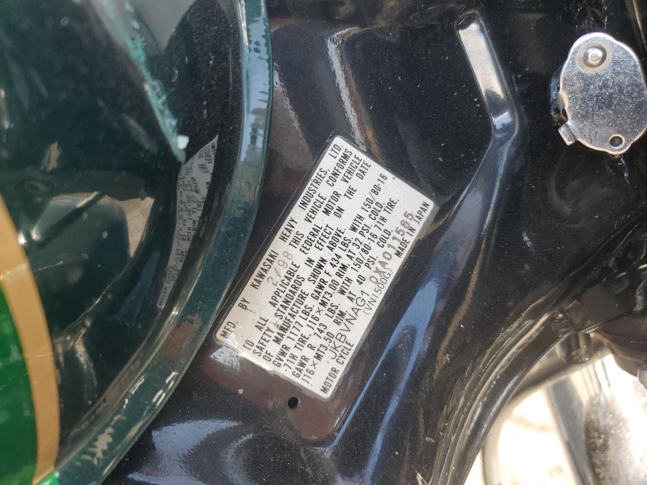 1999 Kawasaki Vn1500 G VIN: JKBVNAG10XA011585 Lot: 85343495